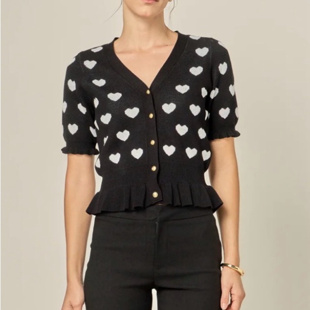 English Factory Black Heart-Pattern Short Sleeve V-Neck Sweater